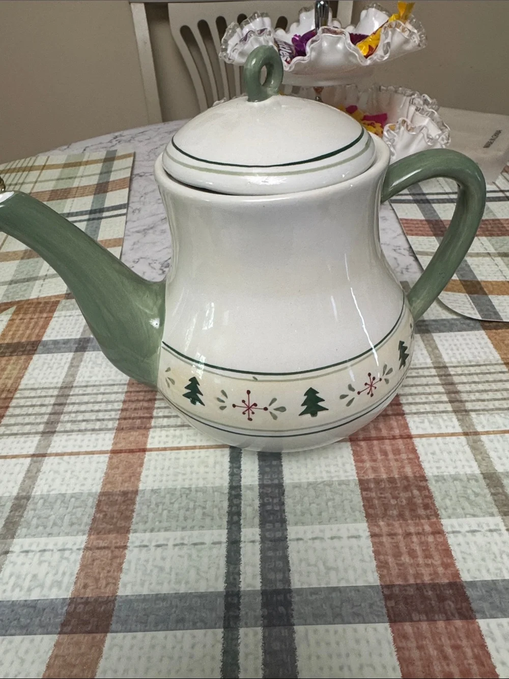 Vintage Festive Ceramic Teapot with Green Handles and Holiday Motif